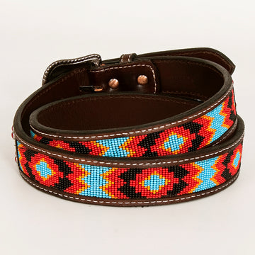 BAR H EQUINE Red Crystal Beaded Floral Hand Carved Western Leather Men And Women Belt Brown